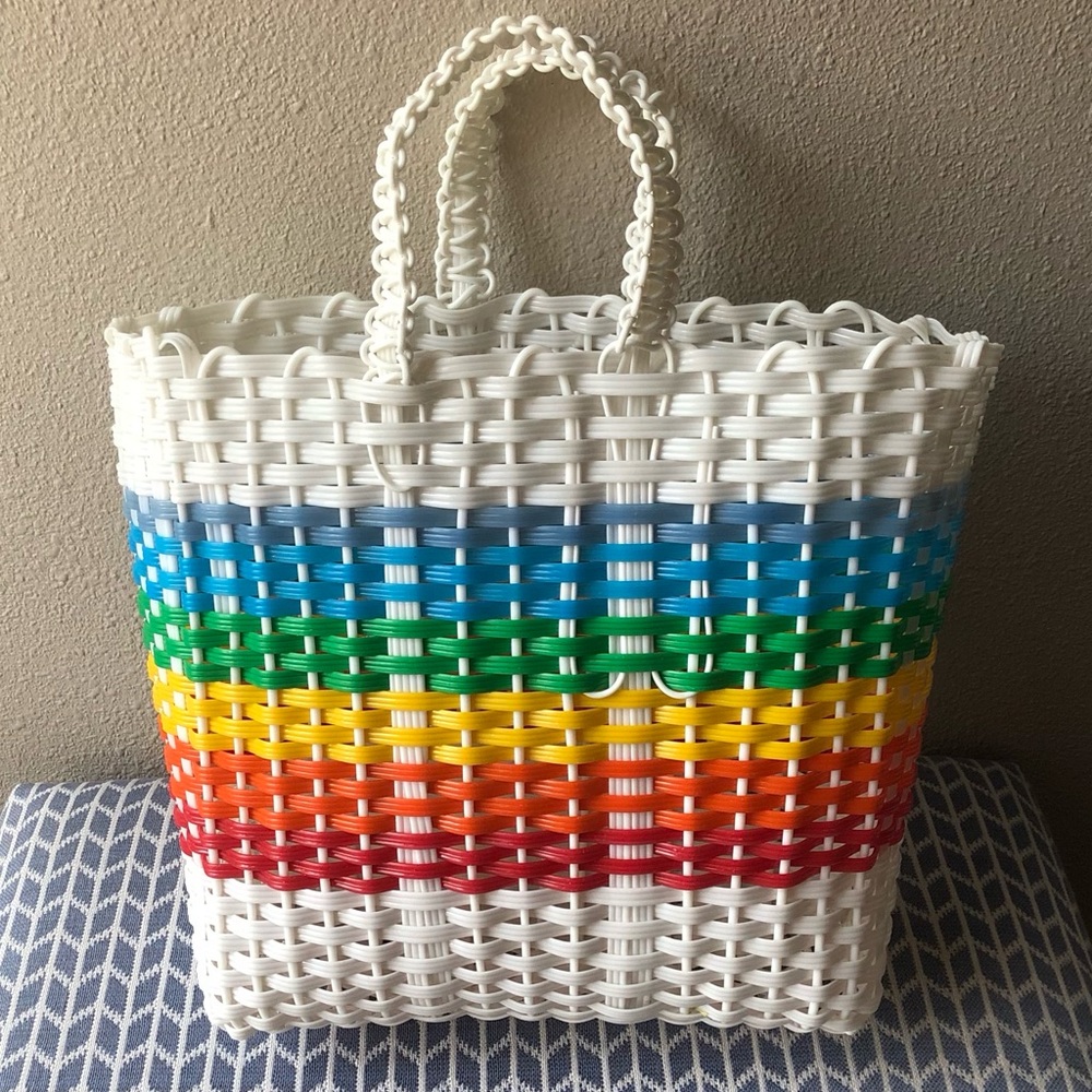 Vintage Rainbow Plastic “Straw” Woven Bag, Tote